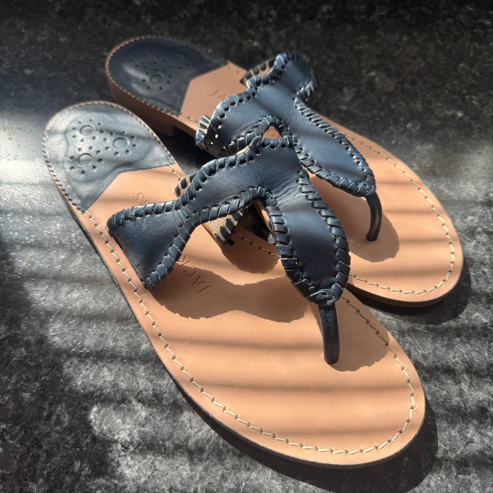 Jack Rogers Jacks Flat Sandals Navy Blue Leather Whipstitch Thong 9M Classic - Picture 2 of 8